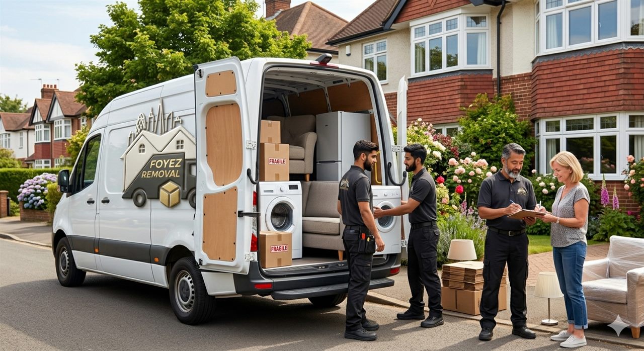Foyez Removals van with the crew loading boxes and furniture outside a London home